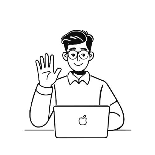 Sketch of a person waving with a laptop infront of them